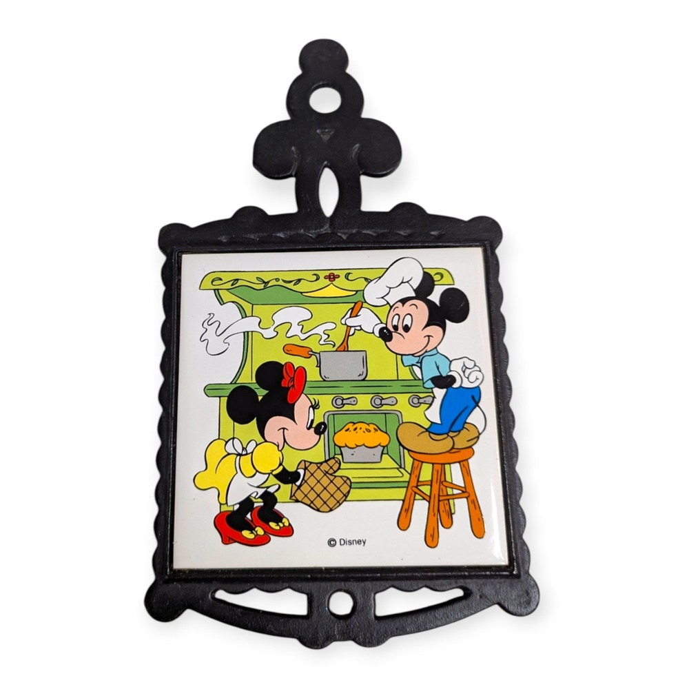 Vintage Disney Mickey and Minnie Mouse Cast Iron Ceramic Tile Trivet Japan